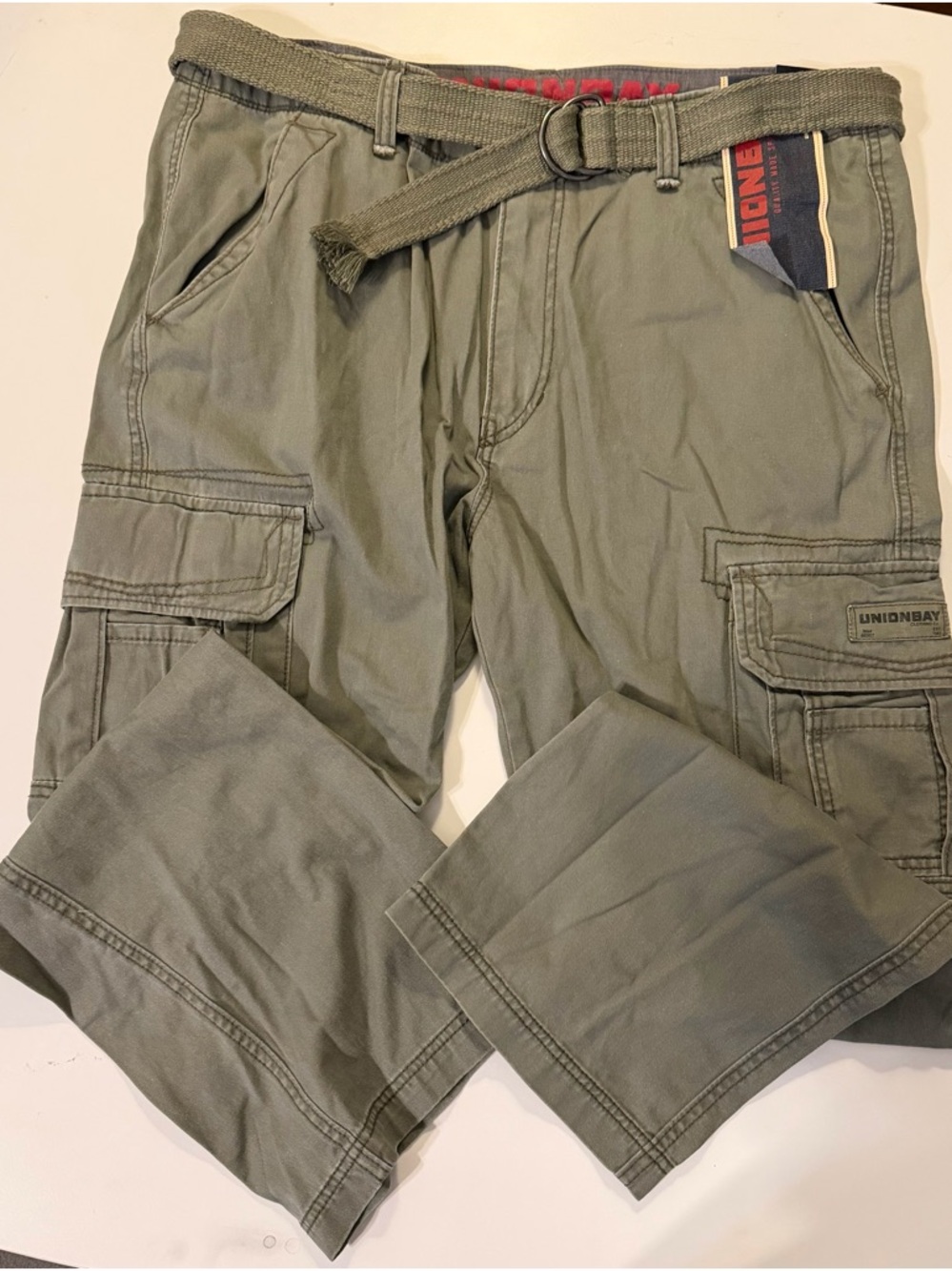 UNIONBAY Men's Olive Cargo Pants with Web Belt